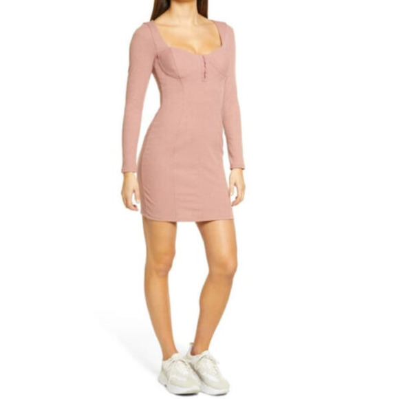 Astr Corset Blush Long Sleeve Cocktail Dress Mini Ribbed Medium - Picture 2 of 8